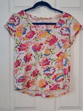 GAP Easy Tee White Multi Floral Scoop Neck Cap Sleeve 100% Cotton TShirt Medium